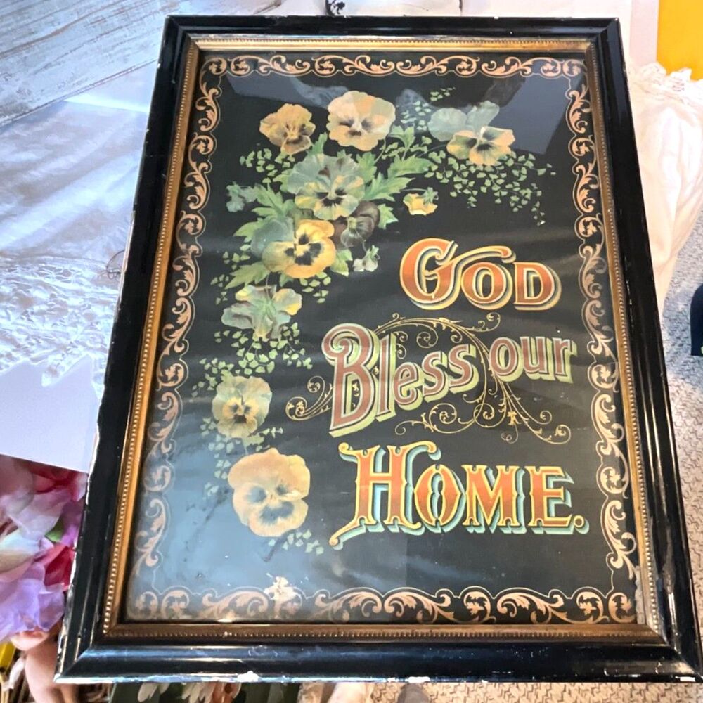 Incredible Antique God Bless Our Home Framed Print, flowers black frame